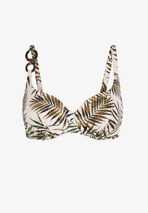 Biustonosz bikini z fiszbinami w brązowo-zielono-czarny wzór liści palmowych na białej tkaninie, z ozdobnymi drewnianymi kółkami na jednym ramieniu.