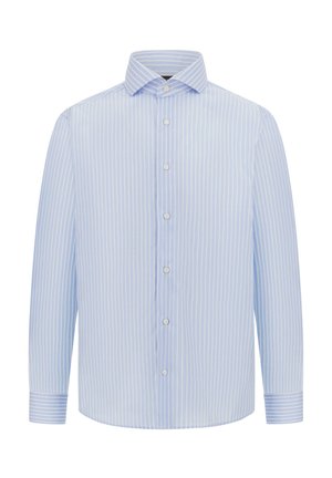 Light blue striped shirt with a classic collar, button-down front, long sleeves, and a straight hem. Fabric appears smooth and lightweight.