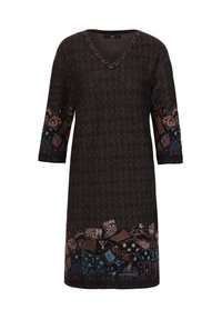 Knee-lengte jurk van donkerbruin breiwerk met een V-hals. Bevat gestructureerde mouwen en zoom in blauw, roest en crème, met geometrische vormen.