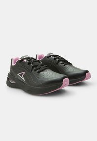 Black athletic shoes with pink accents, perforated upper, flat laces, and a cushioned sole. Features a reflective logo on the side.