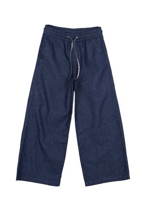 Pantalon en denim bleu foncé à jambes larges avec taille élastique et cordon blanc, avec poches avant.