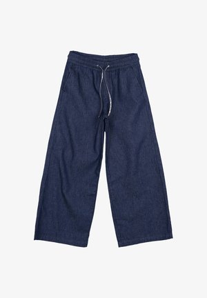 Pantaloni di jeans blu scuro a gamba larga con vita elasticizzata e coulisse bianca, con tasche frontali.