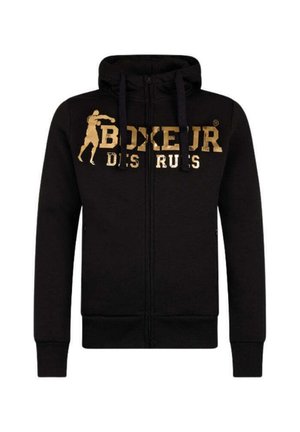 Felpa nera con zip in misto cotone, con una stampa grafica dorata che presenta una silhouette di pugile e il testo "BOXEUR DES RUES."