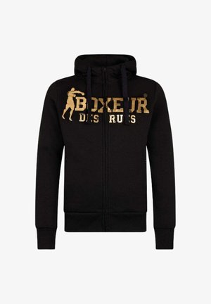 Hoodie zippé noir en mélange de coton, avec un imprimé graphique doré présentant une silhouette de boxe et le texte "BOXEUR DES RUES."