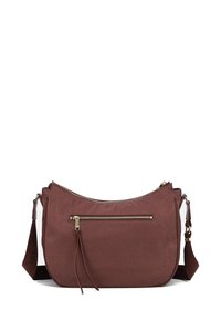 Borsa in ecopelle marrone con texture a pietra, forma curva, cerniera dorata e tracolla regolabile; presenta una tasca esterna con zip.