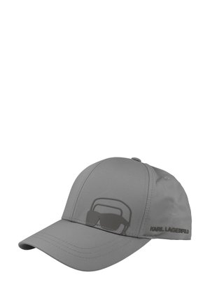 Graue Baseballkappe mit gebogenem Schirm, mit einem stilisierten Logo einer Sonnenbrille und dem Text "KARL LAGERFELD" an der Seite.