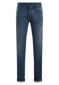 Jeans denim w ciemnoniebieskim kolorze o gładkiej fakturze, prostym kroju nogawki i zawiniętych mankietach. Posiadają zapięcie na guzik i pięć kieszeni.