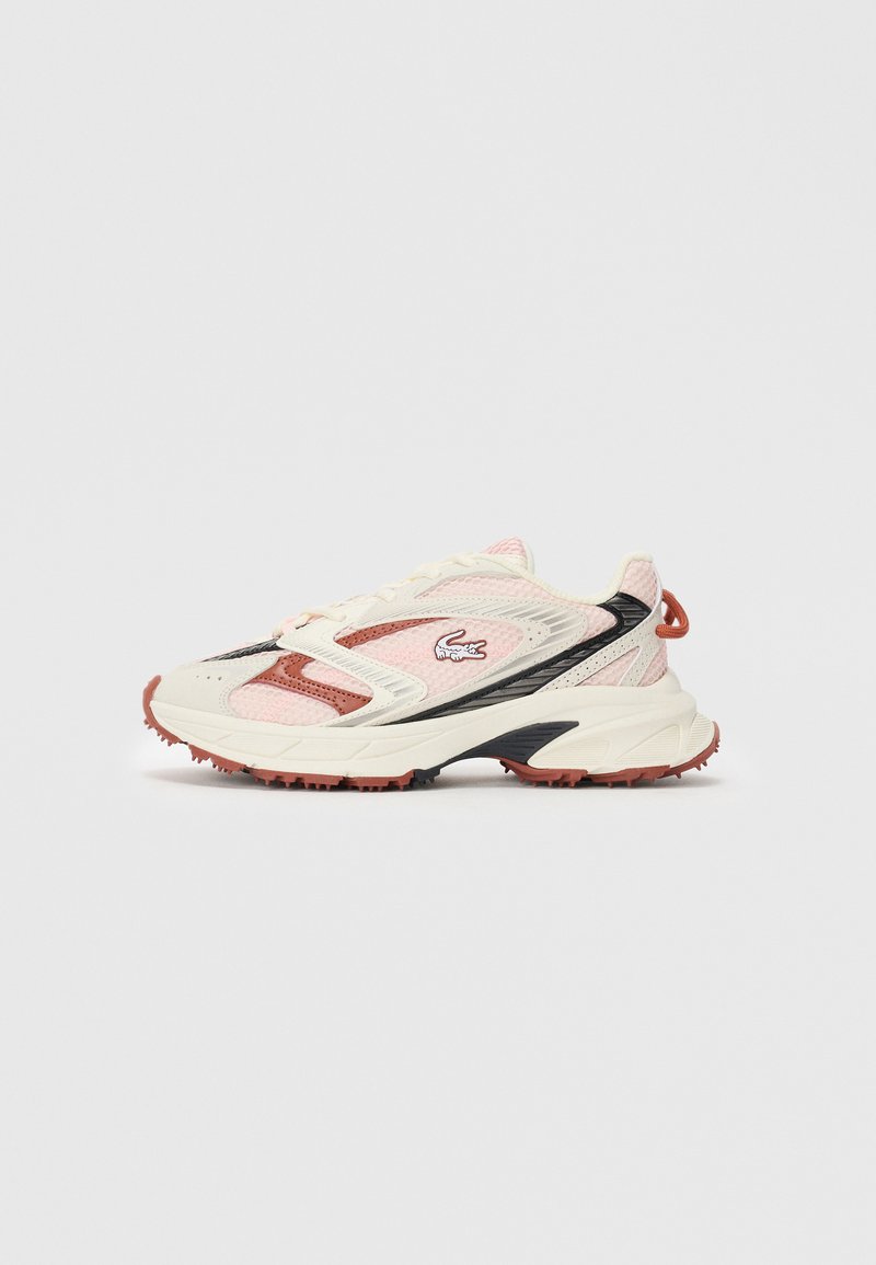 White and pink athletic sneaker with beige, black, and brown accents, textured sole, and lace-up design facing right on white background.