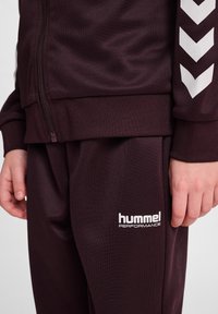 Burgundowy dres sportowy z zamkiem błyskawicznym, biały wzór chevron na rękawach oraz logo na spodniach. Gładki, fakturowany materiał.