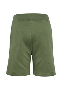 Gröna bomullsshorts med mjuk textur, elastisk midja och fållade mudd. Inga synliga fickor eller ytterligare detaljer.