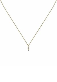 Collana in oro con un pendente a barretta sottile che presenta tre gemme chiare, caratterizzata da una superficie liscia e una finitura lucida.