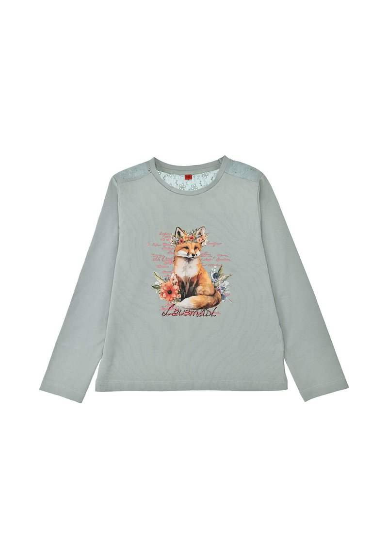 Helles graues Langarmshirt mit einem Fuchs-Graphic, umgeben von Blumen und Text, sowie Spitzenakzenten an den Schultern. Aus weichem Baumwollmaterial.