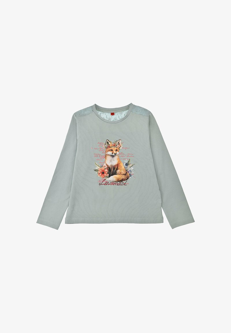 Helles graues Langarmshirt mit einem Fuchs-Graphic, umgeben von Blumen und Text, sowie Spitzenakzenten an den Schultern. Aus weichem Baumwollmaterial.