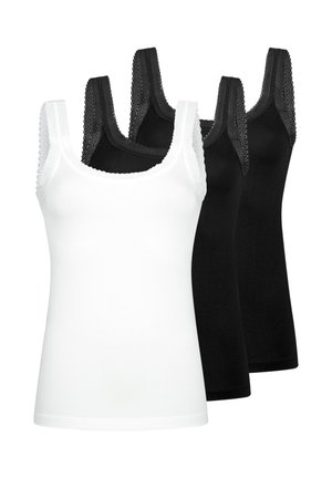 Drie dames tanktops zonder mouwen, één witte vooraan en twee zwarte erachter, allemaal met brede schouderbanden afgezet met kant.