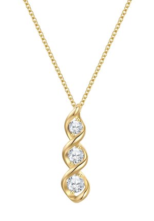 Gold pendant necklace featuring three round, clear stones arranged in a spiral design. Chain is gold, with a linked texture.