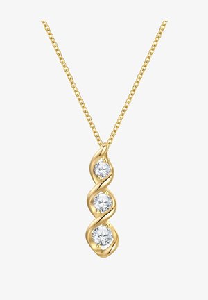 Arany medál nyaklánc, amely három kerek, világos követ tartalmaz, spirálisan elrendezve. A lánc arany színű, láncolt textúrával.