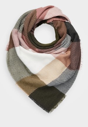 Grande écharpe multicolore pliée en forme de cœur avec un motif rayé dans des tons de rose, marron, vert, blanc, beige et noir sur fond blanc.