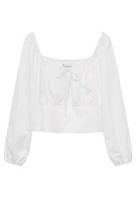 Witte cropped blouse met een vierkante halslijn, lange puffmouwen, elastische taille en een strikdetail aan de voorkant. Glide, lichte stof.