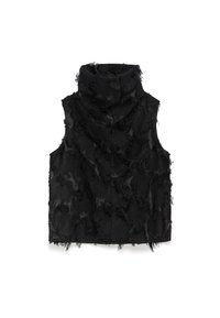 Gilet senza maniche nero con colletto alto, tessuto testurizzato con dettagli sfilacciati e un motivo astratto che ricopre tutta la superficie.