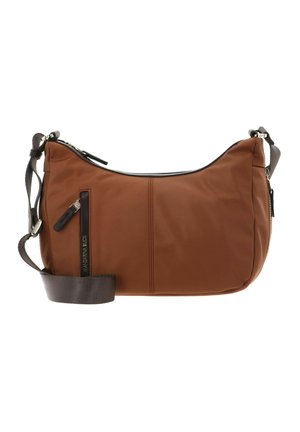 Sac à bandoulière marron avec sangle sombre réglable, poche zippée à l'avant et fermeture principale à glissière, présenté sur fond blanc.