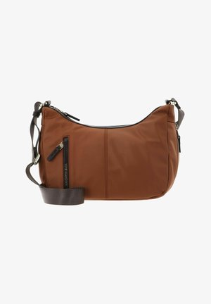 Sac à bandoulière marron avec sangle sombre réglable, poche zippée à l'avant et fermeture principale à glissière, présenté sur fond blanc.