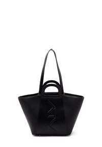 Borsa tote nera con un design strutturato, realizzata in pelle texture. Presenta doppio manico, logo impresso e un'ampia apertura.
