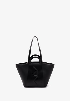 Borsa tote nera con un design strutturato, realizzata in pelle texture. Presenta doppio manico, logo impresso e un'ampia apertura.