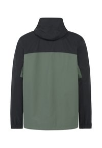 Veste avec capuche, présentant une section supérieure noire et une section inférieure verte, fabriquée en matériau lisse et résistant à l'eau. Manches élastiques incluses.