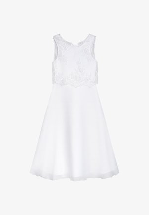 Weißes ärmelloses Kleid mit einem floralen Spitzenoberteil und einem glatten, ausgestellt geschnittenen Rock. Mit rundem Ausschnitt und knieumspielender Länge.