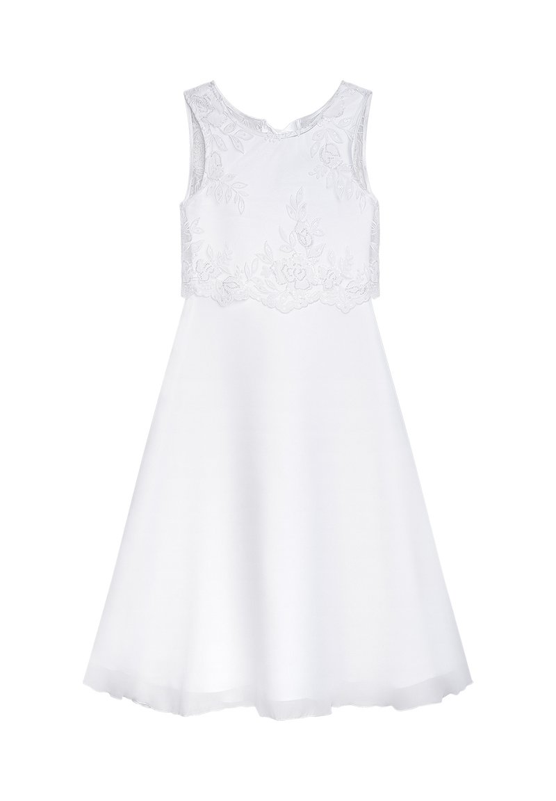 White sleeveless dress with a floral lace bodice and a smooth skirt that flares out. Features a round neckline and a knee-length cut.