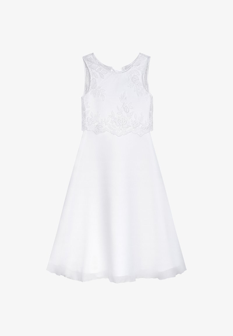 White sleeveless dress with a floral lace bodice and a smooth skirt that flares out. Features a round neckline and a knee-length cut.