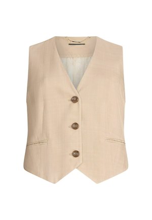Gilet beige avec un col en V, trois boutons et deux poches avant. Tissu lisse avec une texture subtile et coupe ajustée.