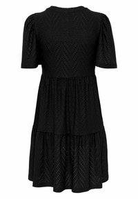 Black dress featuring short puff sleeves, a round neckline, tiered design, and textured fabric with a chevron pattern.