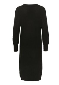 Rochie lungă neagră, din tricot, cu textură tricotată, guler rotund, mâneci tip balon, slituri laterale pentru confort în mișcare, vedere din spate.