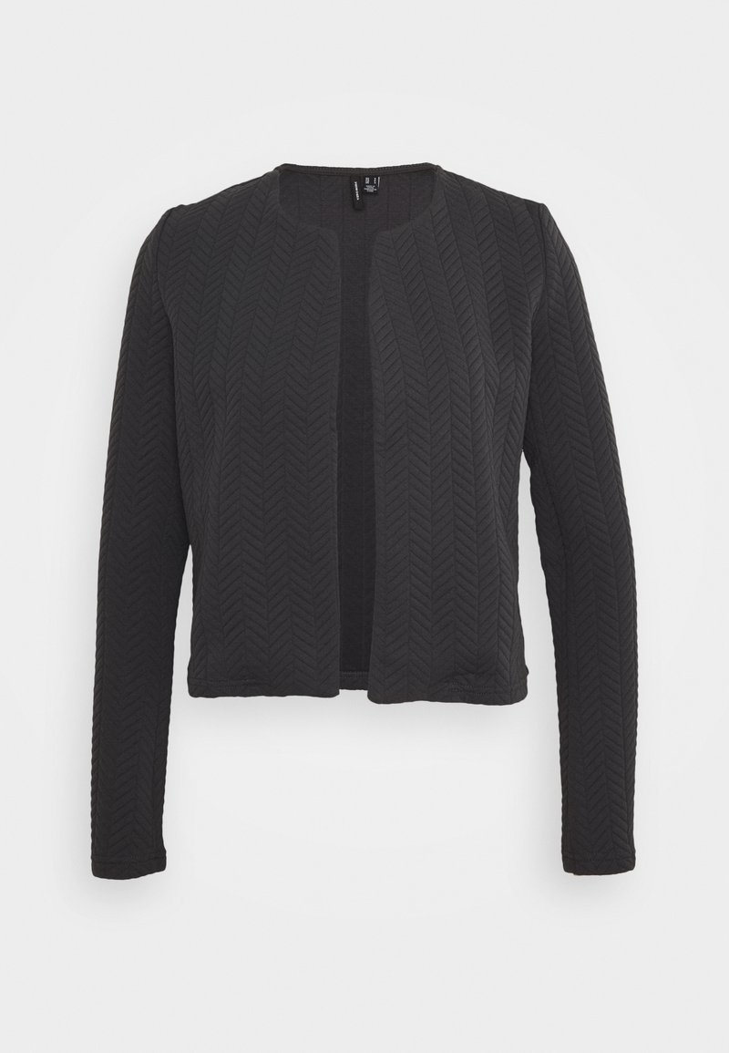 Veste noire ouverte à l'avant avec manches longues et motif texturé chevrons discret, présentée sur un fond clair uni.