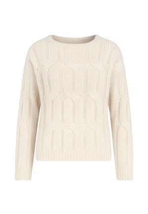 Maglione lavorato a maglia color crema con motivo a treccia, scollatura rotonda e maniche lunghe con polsini e orlo a costine.