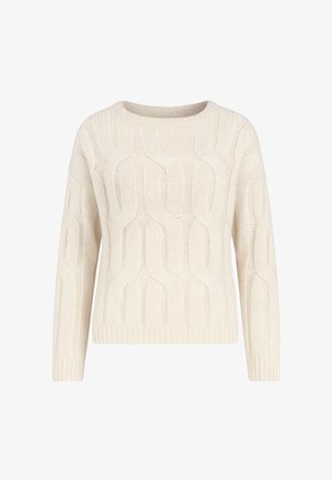 Maglione lavorato a maglia color crema con motivo a treccia, scollatura rotonda e maniche lunghe con polsini e orlo a costine.