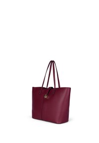 Borsa a spalla in pelle bordeaux con doppio manico, dettaglio di cucitura verticale e accessori in tonalità oro. Texture liscia e forma strutturata.