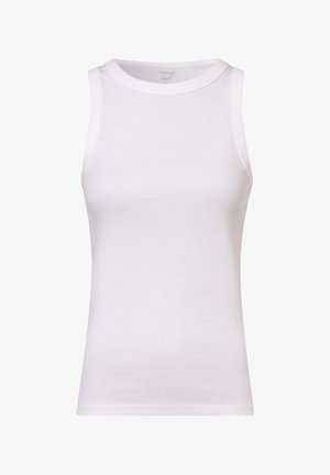Canotta bianca senza maniche realizzata in morbido cotone. Presenta un classico scollo tondo e una consistenza liscia, senza motivi o dettagli visibili.