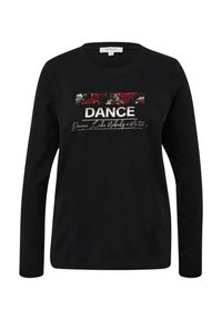 Maglietta nera a maniche lunghe con stampa testurizzata "DANCE" decorata con paillettes e testo sottostante. Realizzata in morbido cotone, con colletto rotondo classico.