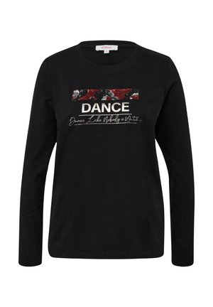 Schwarzes Langarmshirt mit strukturiertem "DANCE"-Druck und Pailletten sowie Text darunter. Aus weichem Baumwollstoff, mit klassischem Rundhalsausschnitt.