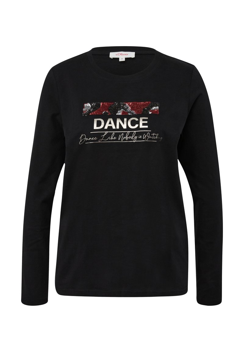 Maglietta nera a maniche lunghe con stampa testurizzata "DANCE" decorata con paillettes e testo sottostante. Realizzata in morbido cotone, con colletto rotondo classico.