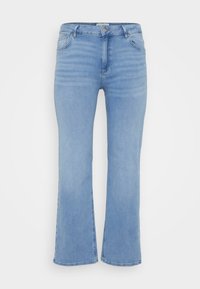 Light blue denim flared jeans with a standard five-pocket design, subtle fading, and a zip fly with button closure.