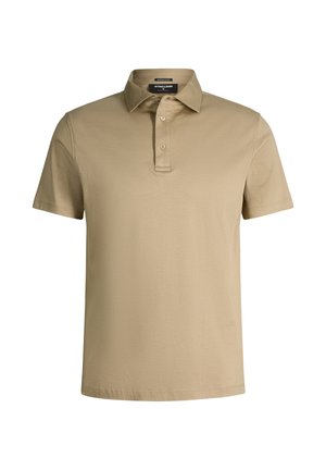 Beige poloshirt met korte mouwen, een kraag en twee knopen op de knoopsluiting, weergegeven tegen een witte achtergrond.