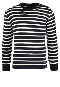 Sweter dzianinowy w granatowo-białe paski, z długimi rękawami, okrągłym kołnierzem i guzikami na ramieniu. Miękka faktura, casualowy fason.