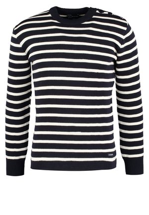Pull en tricot rayé bleu marine et blanc avec manches longues, col rond et accents de boutons sur l'épaule. Texture douce, design décontracté.