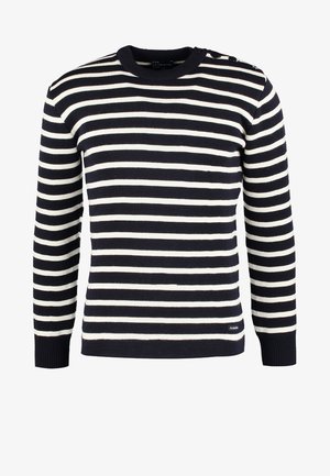 Marineblauw en witte gestreepte gebreide trui met lange mouwen, ronde hals en knopenaccenten op de schouder. Zachte textuur, casual ontwerp.