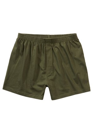 Baumwollboxershorts in olivgrün, mit elastischem Bund, entspannter Passform und Öffnung vorne. Glatte Textur ohne Muster.