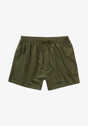 Shorts en coton de couleur vert olive, dotés d'une taille élastique, d'une coupe décontractée et d'une ouverture à l'avant. Texture lisse sans motifs.