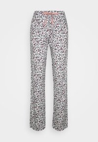 Witte pyjamabroek met een kleurrijk bladerenpatroon. Voorzien van een elastische tailleband en een lichtroze trekkoord. Brede pijpen.